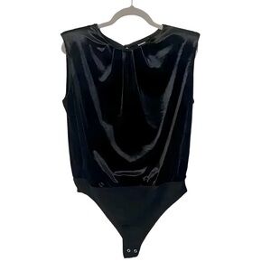 Express Black Velvet Bodysuit Sz L | Sleeveless Crewneck One Piece Shoulder Pads
